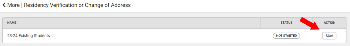 Screen shot of residency verification screen with arrow pointing to start button